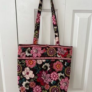 Vera Bradley Black Quilted Floral Tote with Pink Accents